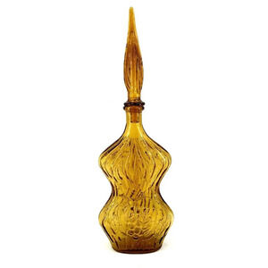 Empoli Bottle Amber Italian Glass Genie Hour Glass Figure Grapes MCM 18"